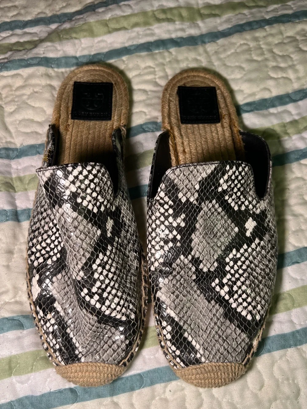 Tory Burch Max Snake-print Black & Natural Espadrille Slide Sandals